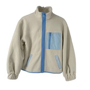 Sandy Liang Target Sherpa Jacket XXS White Full Zip Blue Gingham Pocket Cute NEW